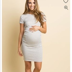 NEW PinkBlush Ivory Grey Striped Fitted Short Sleeve Maternity Dress
